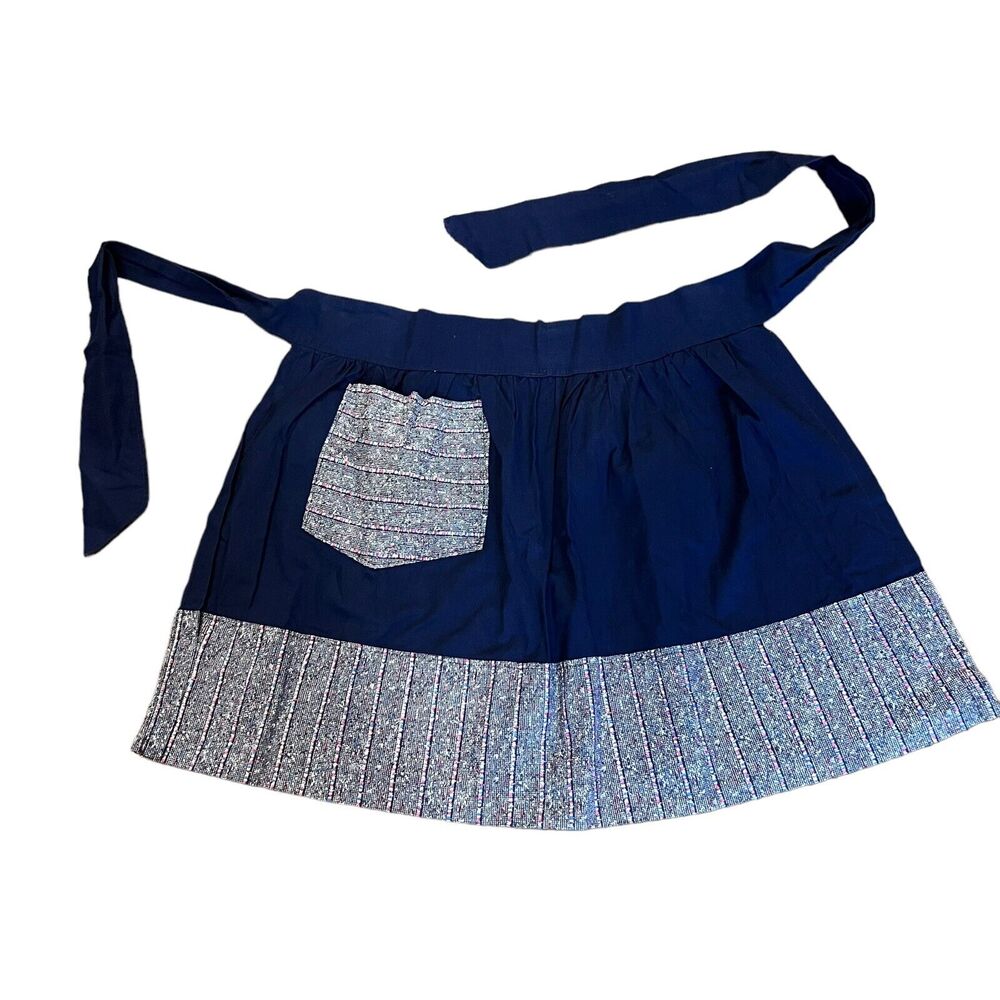Vtg Handmade Half Apron Navy Blue Pink Pocket One Size Cotton Rock a Billy 1950s